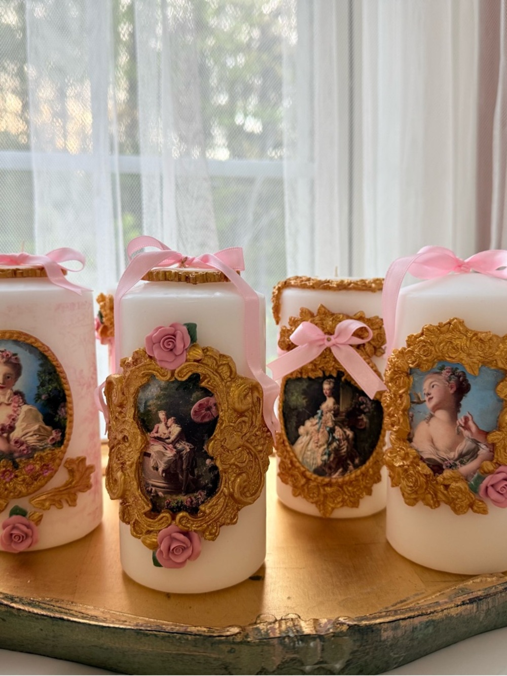Romantic Pink & Gold Vintage-Style Decorative Pillar Candles